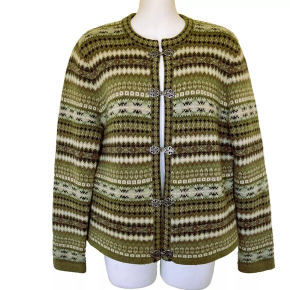 Sarah Spencer Fair Isle Cardigan Wool Sweater Metal Clasp 100% Lambswool Green - Picture 1 of 6